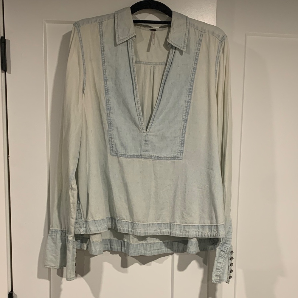 Free People Light Wash Denim-Inspired Long Sleeve Blouse